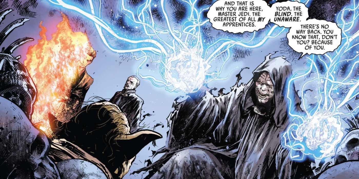Yoda&rsquo;s vision of an electrified Palpatine and burning Anakin