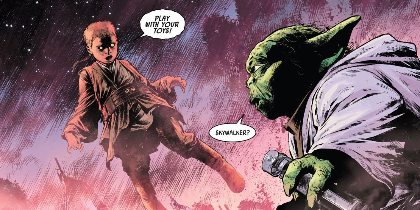 Yoda faced with a dark vision of Anakin Skywalker.