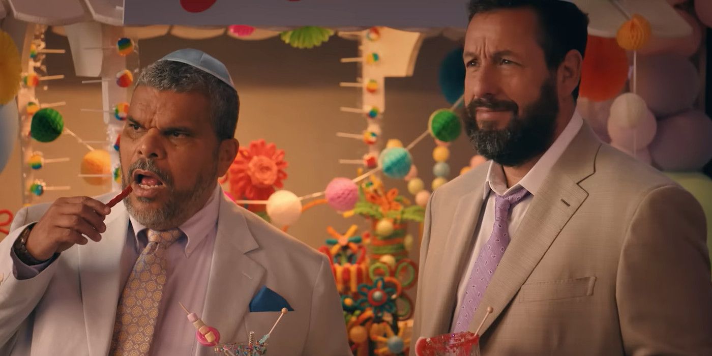 Adam Sandler and Luis Guzman standing at a party in You Are So Not Invited To My Bat Mitzvah