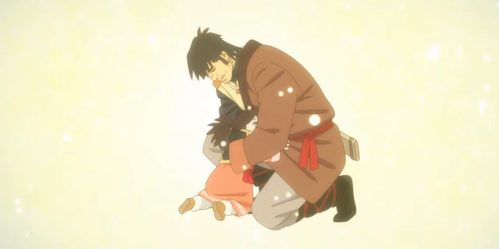 Yuna-and-Van-from-The-Deer-King hugging-with-light-around-them