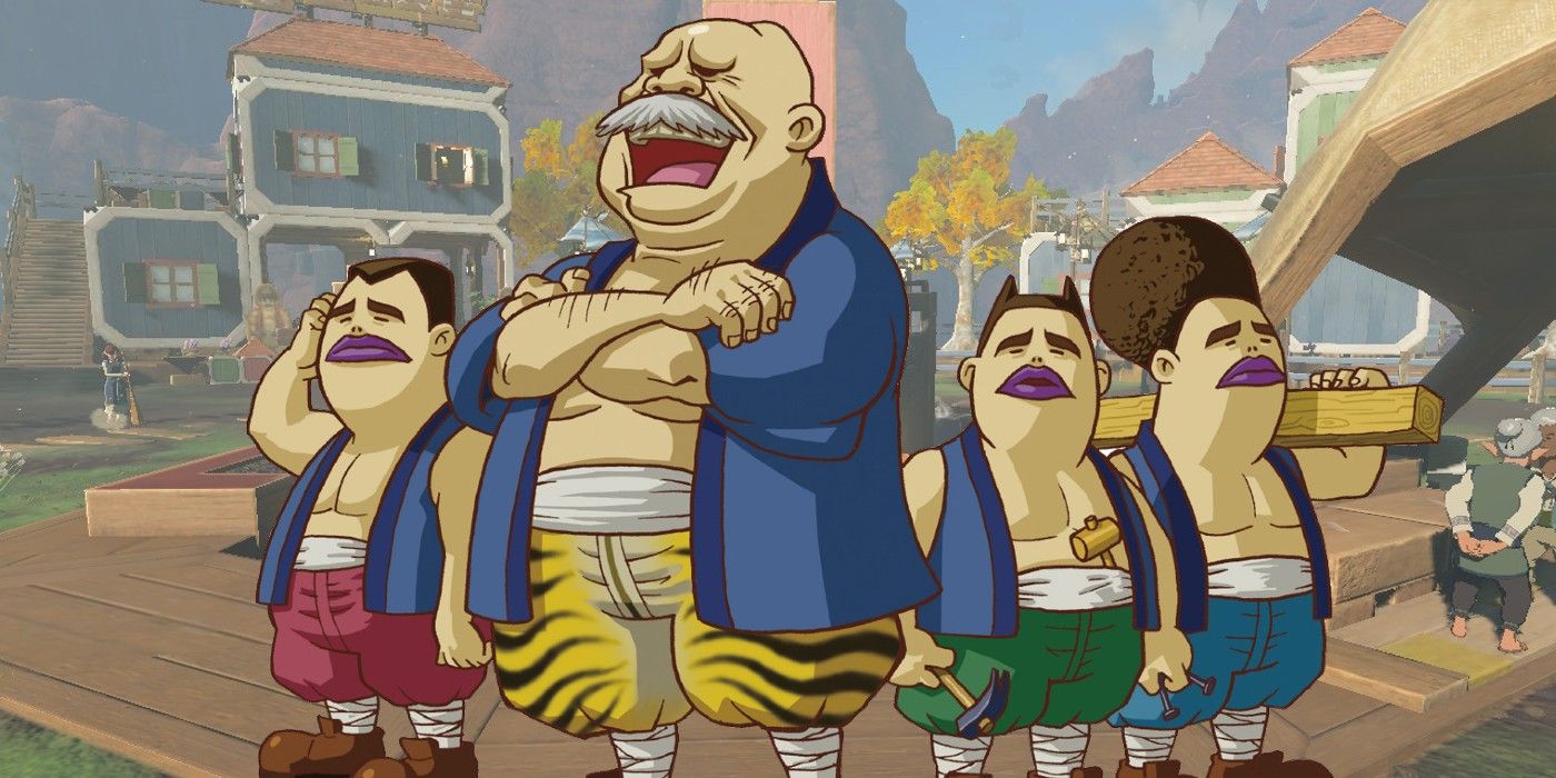 Official art of The Legend of Zelda’s Carpenters with Tears of the Kingdom’s Tarrey Town in the background.