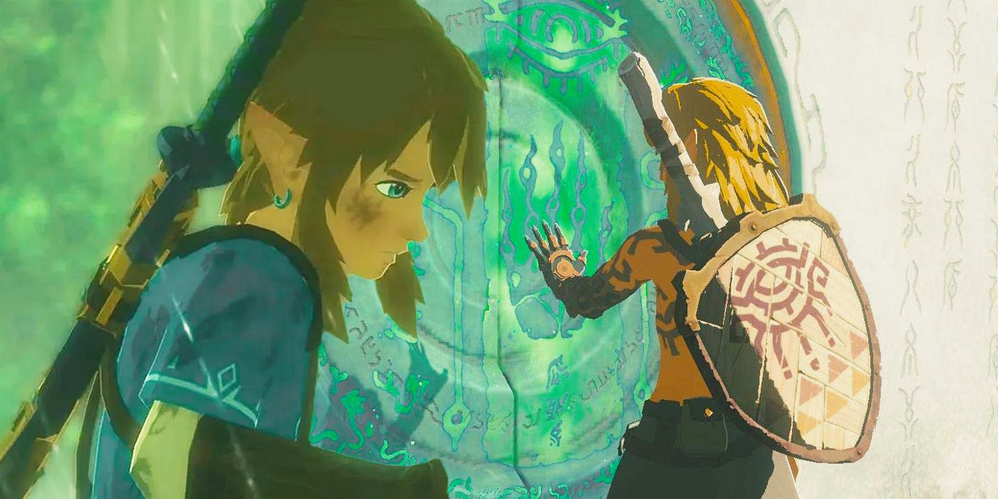 Link opening up a door using Ultrahand on the right, and Link looking disappointed on the left.