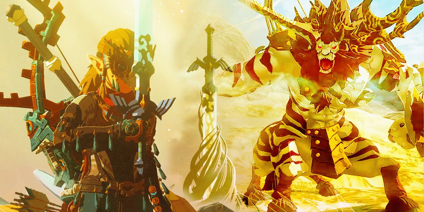 Composite image showing Link drawing the Master Sword in The Legend of Zelda: Tears of the Kingdom and a Lynel, with a view of the Master Sword in the Light Dragon&rsquo;s head in the center.