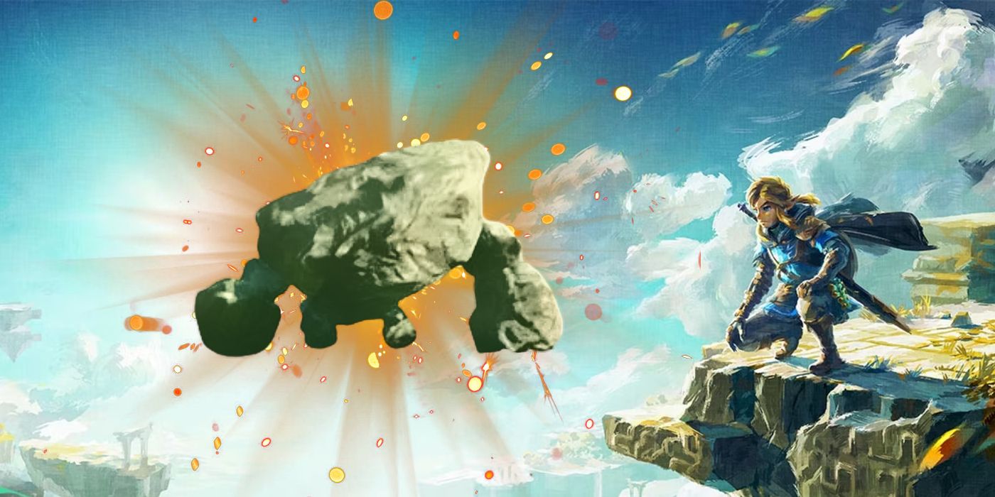 Zelda Tears of the Kingdom&rsquo;s key art in the background, featuring Link overlooking the continent from a Sky Island on the right. The left side features a superimposed Stone Pebblit with a blast effect behind it.