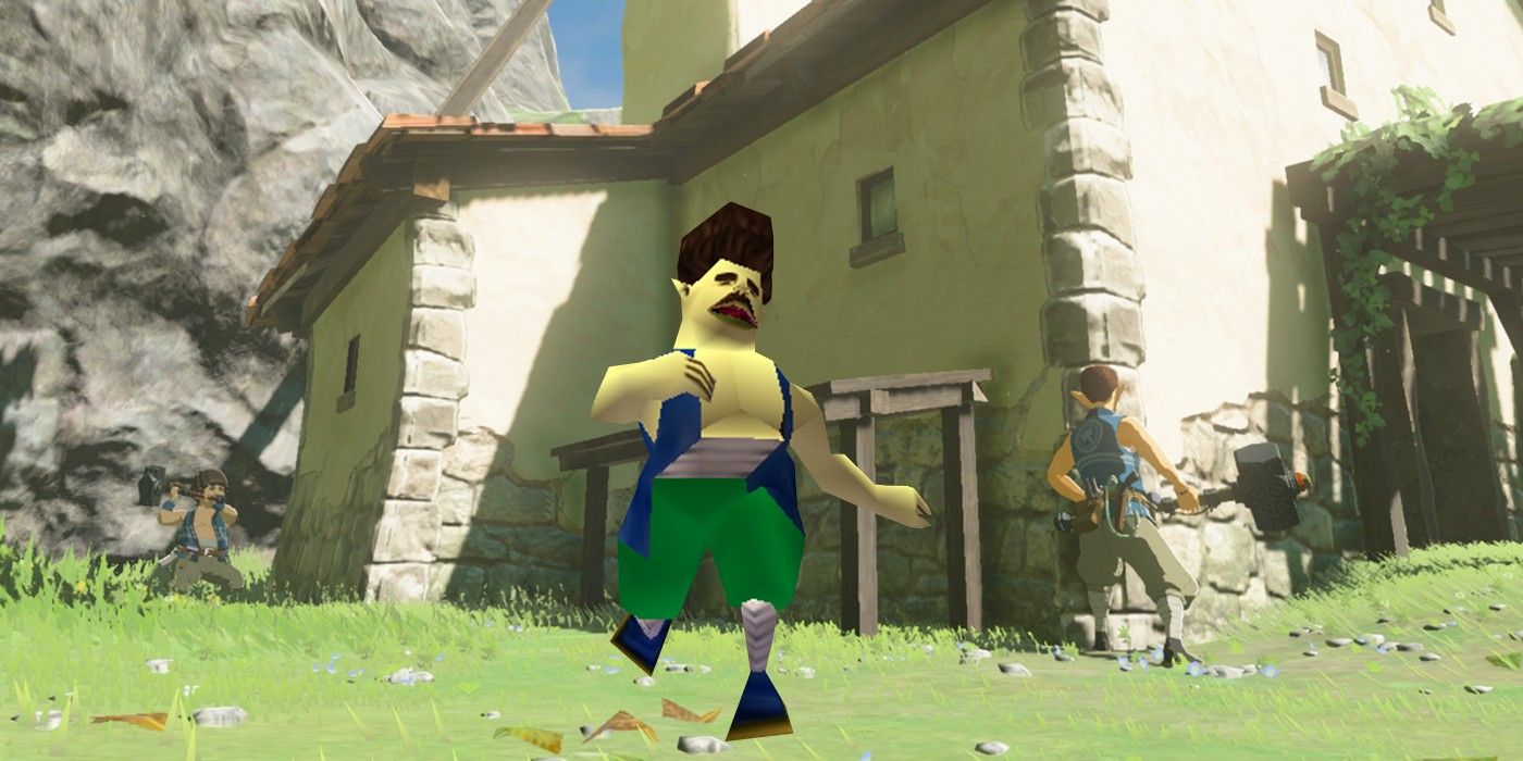 The carpenter Saburo from The Legend of Zelda: Ocarina of Time, with Hudson and Karson demolishing Link’s future house in Breath of the Wild in the background.