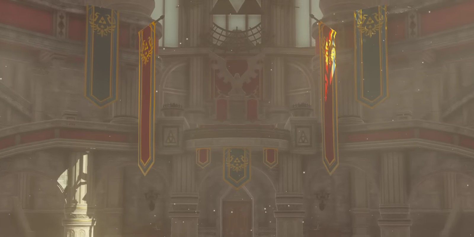 The apparently restored, empty Throne Room of Hyrule Castle, as seen in The Legend of Zelda: Tears of the Kingdom.