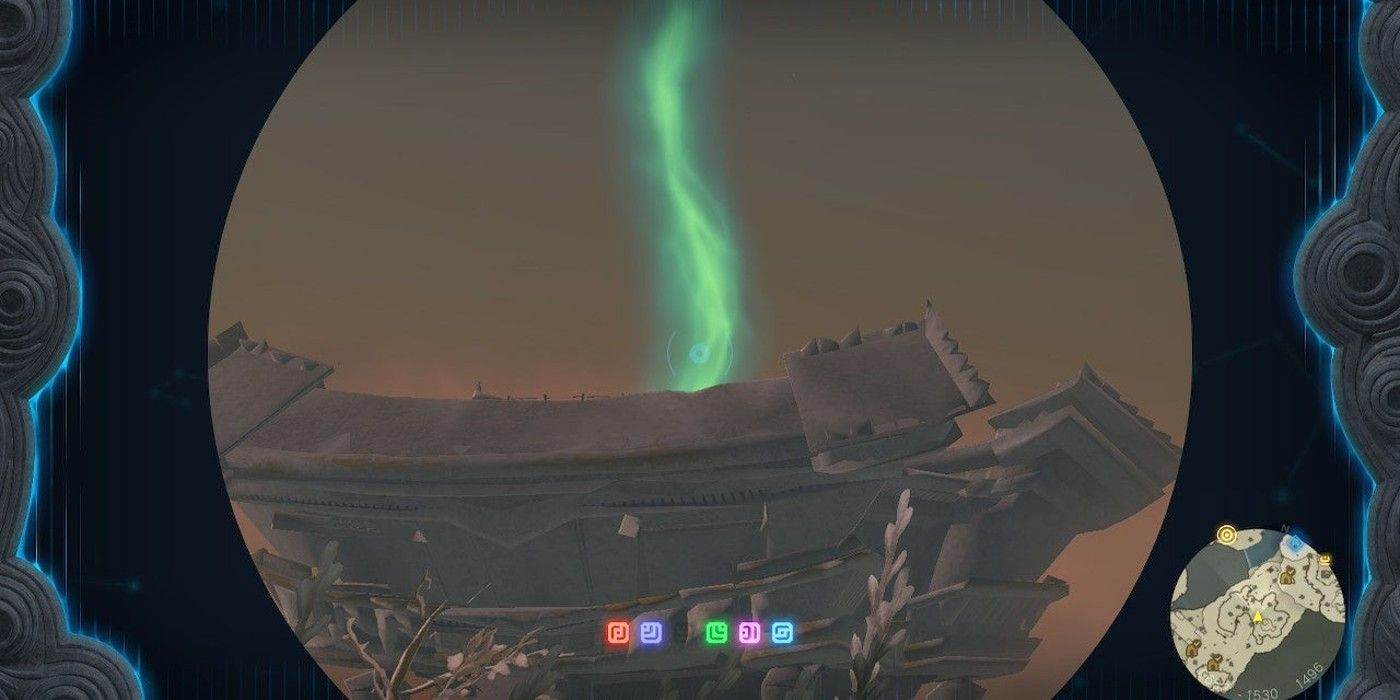 The green smoke signal rising from the Great Sky Island&rsquo;s Temple of Time to indicate the &ldquo;Legend of the Great Sky Island&rdquo; Side Adventure in The Legend of Zelda: Tears of the Kingdom.
