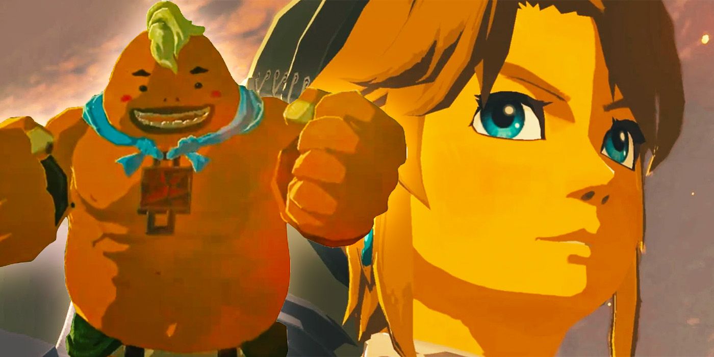 Yunobo the Goron getting pumped up. Beside him is a large image of Link's face.