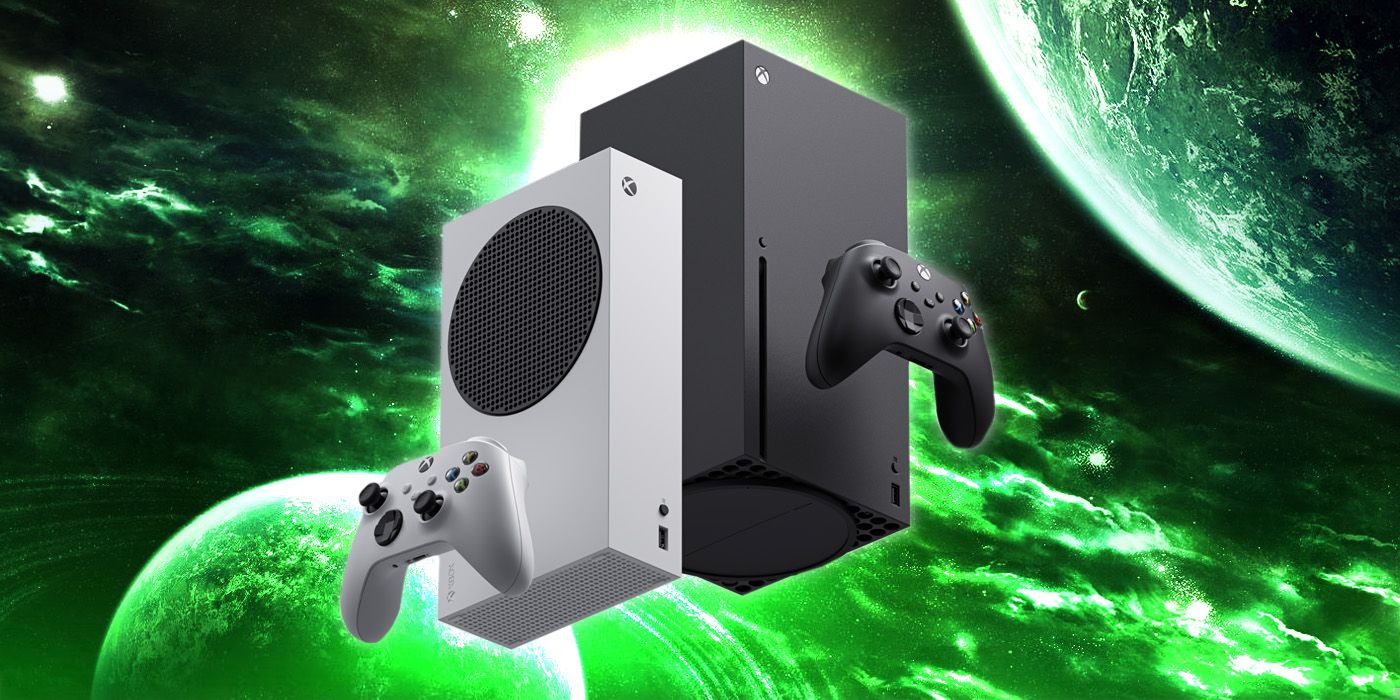 An Xbox Series S and Series X float in a green-tinted, planet-filled sky.