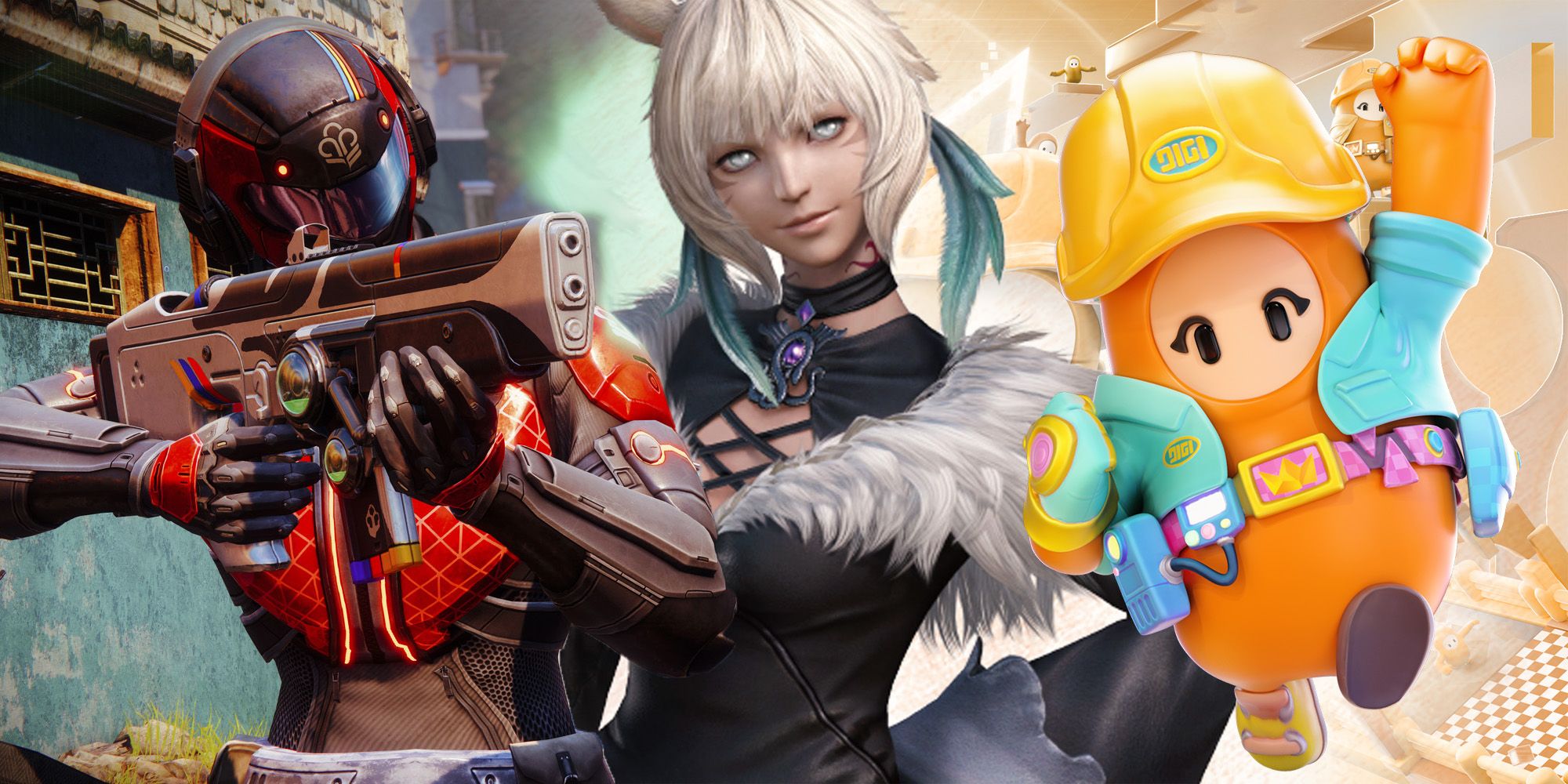 A Destiny 2 Guardian points their weapon on the left, Final Fantasy 14's Y'shtola poses in the middle, while a character from Fall Guys runs and cheers on the right.