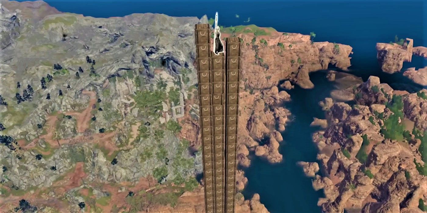 Baldur&rsquo;s Gate 3 character standing on a tall stack of crates.