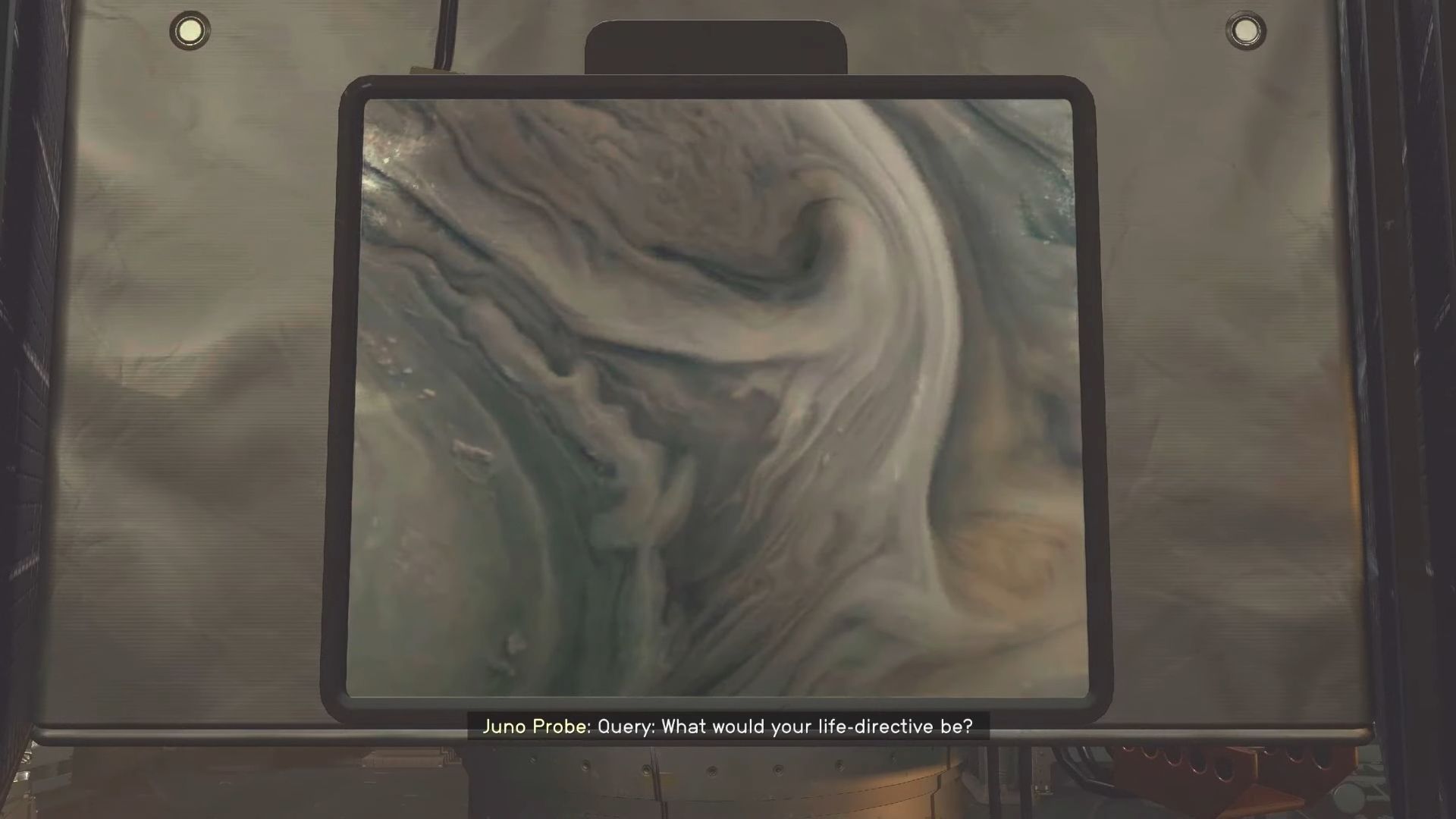 Dialogue with Juno, an AI represented by a digital screen, in Starfield.
