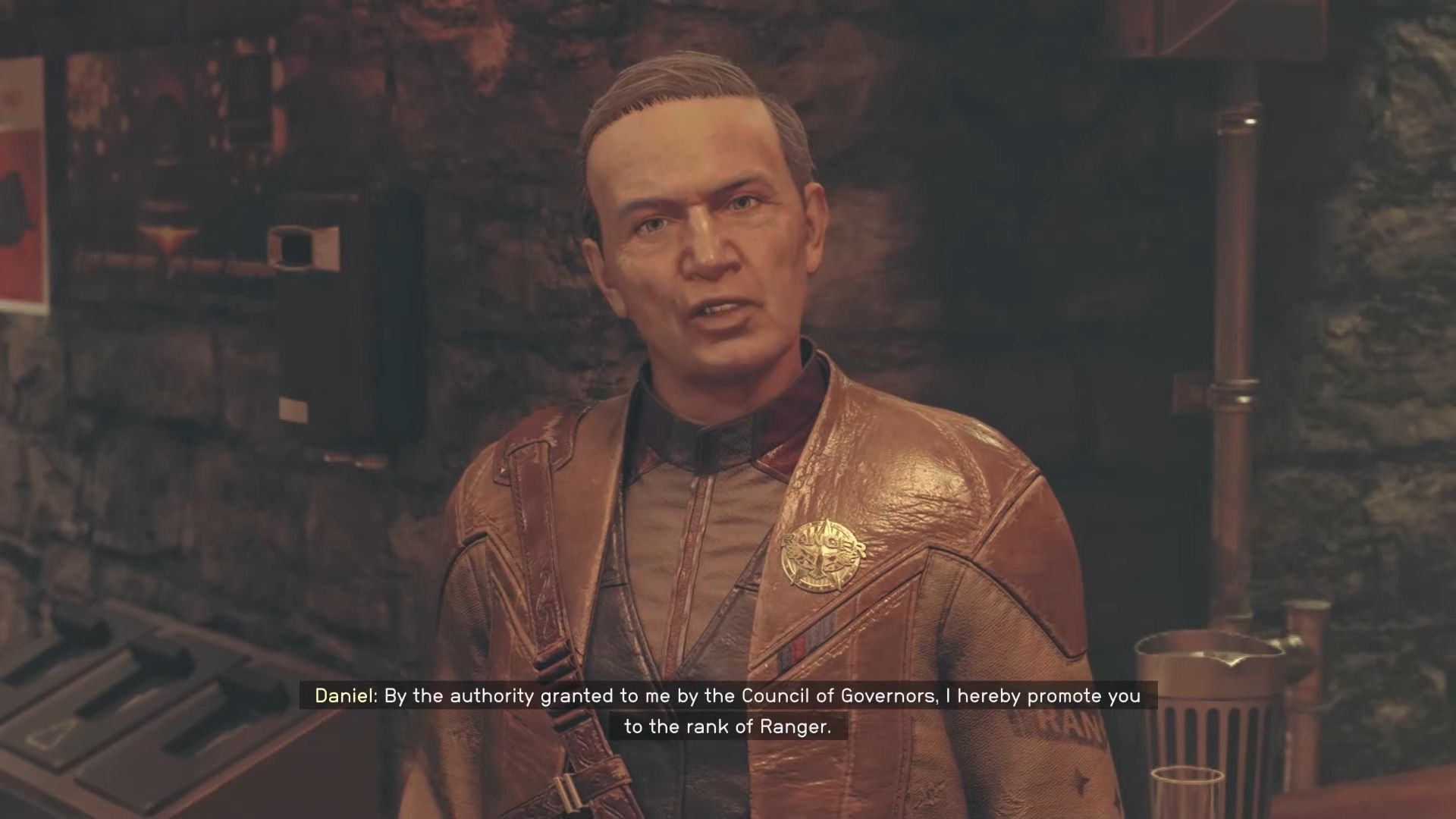 Marshall Danial Blake awarding the player the rank of Ranger in Starfield.