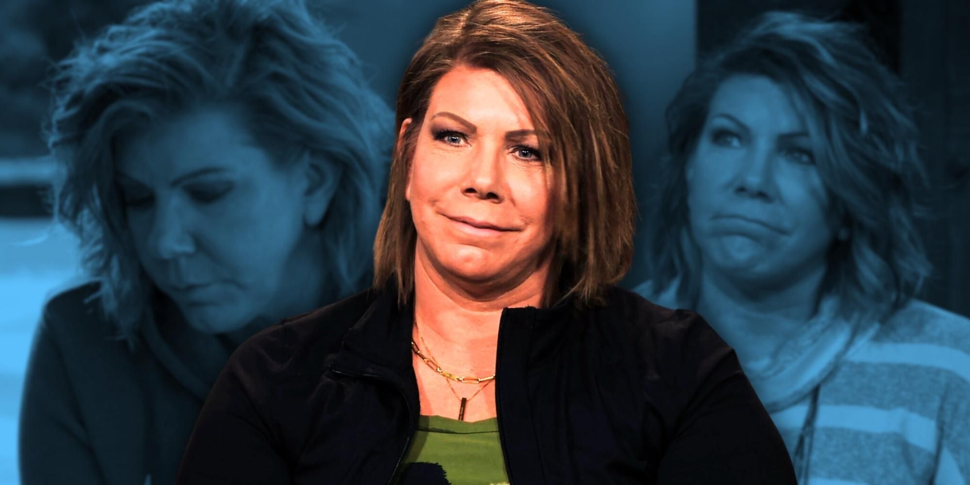 Photo montage of Sister Wives Meri Brown's gentle smile on background with blue filter
