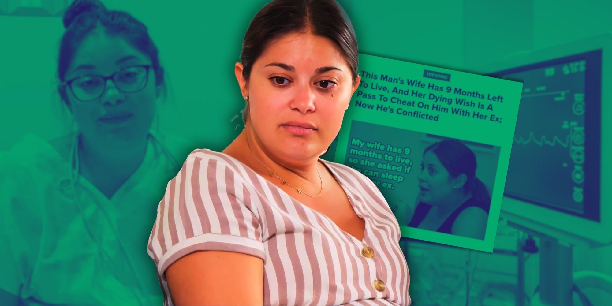 Montage of 90 Day Fiancé’s Loren Brovarnik in brown and white dress with a picture of her in a hospital in background
