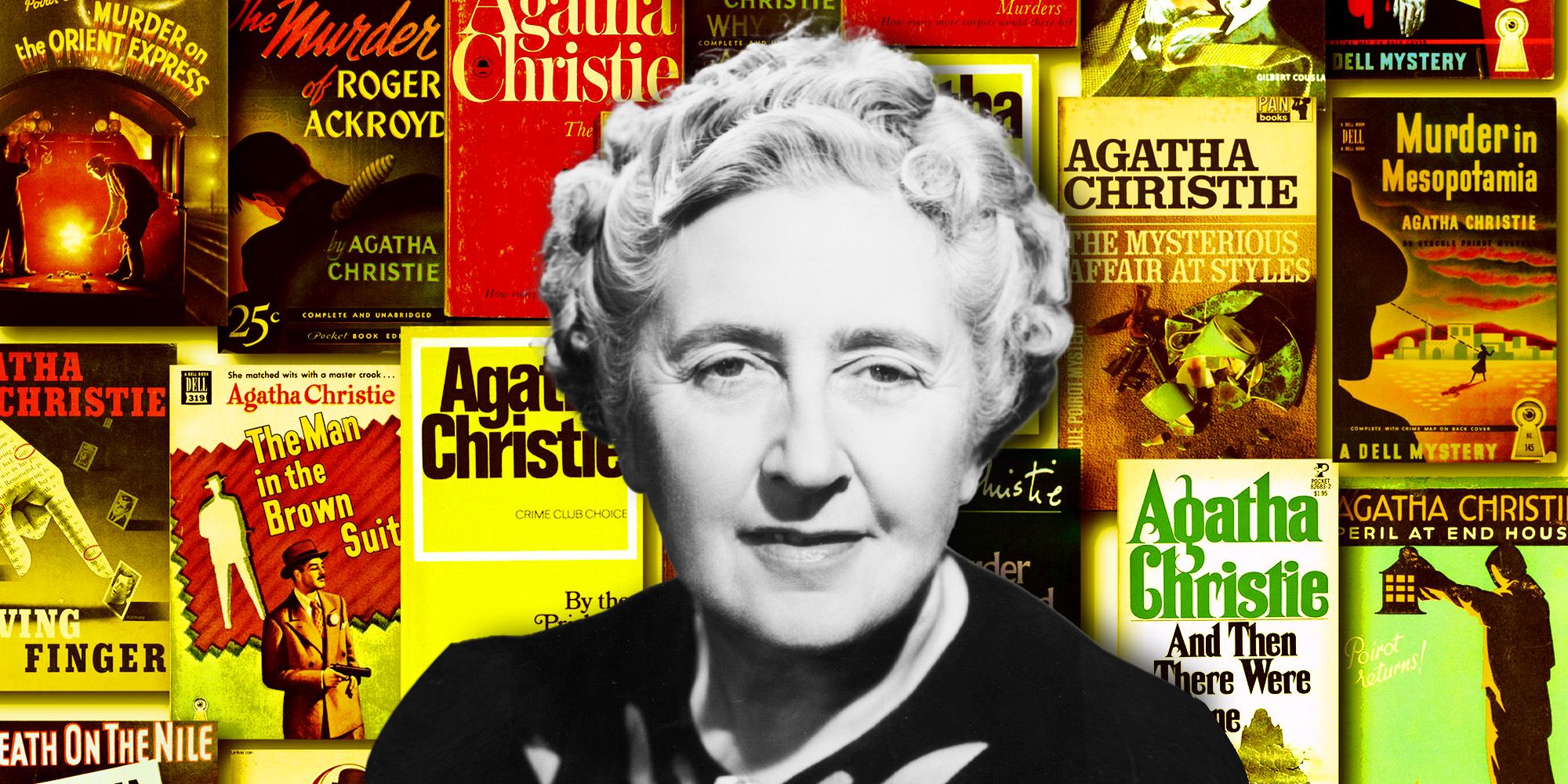 A black-and-white image of Agatha Christie overtop a background of her novels