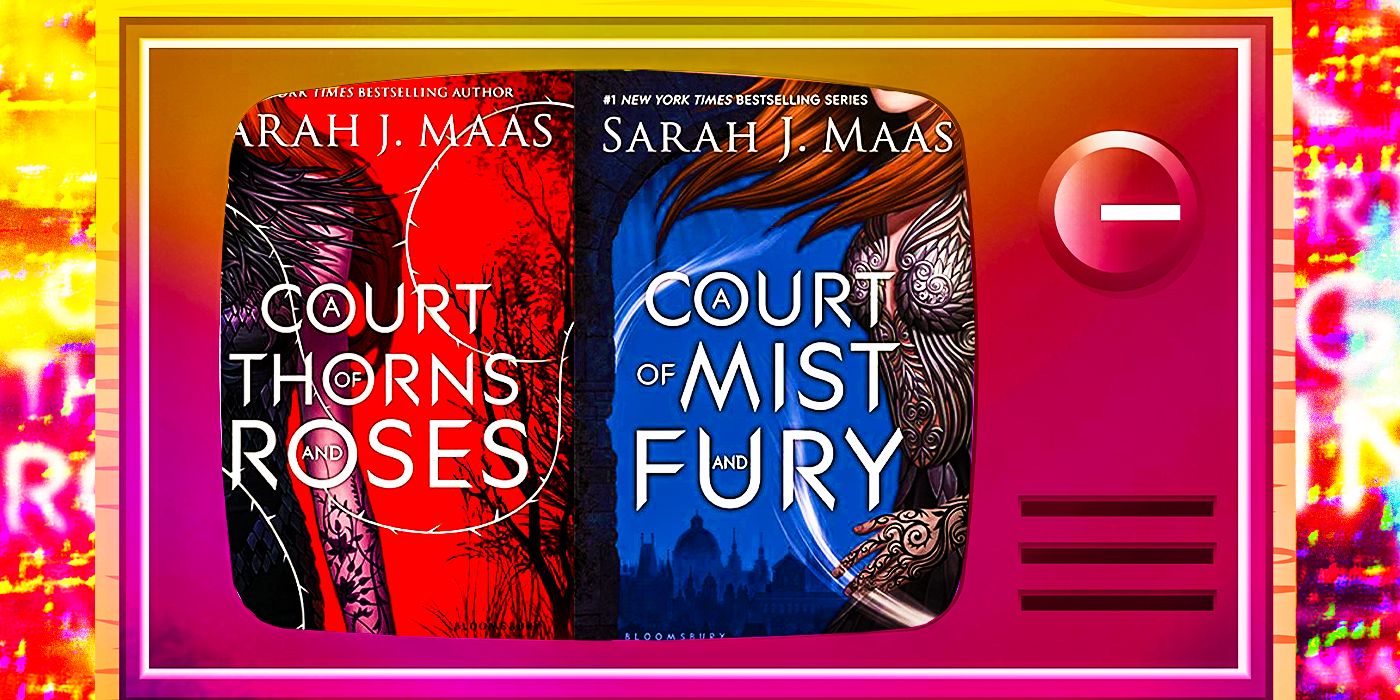 A Court of Thorns and Roses and A Court of Mist and Fury covers surrounded by pink TV