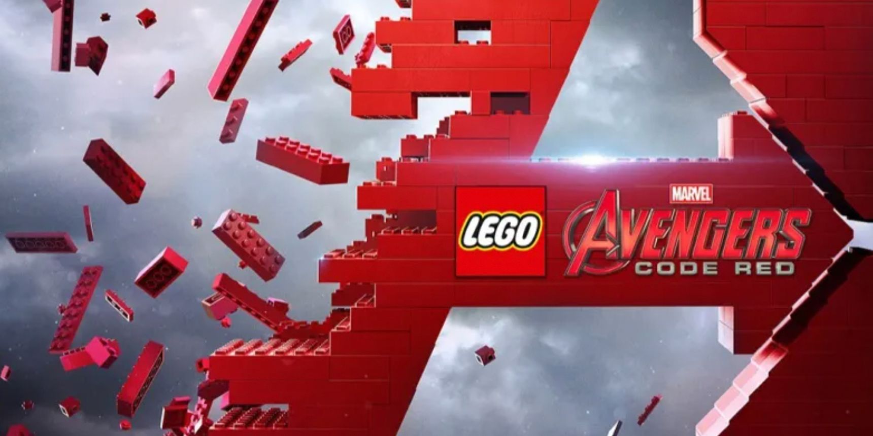 A red Lego A has pieces coming off of it in the LEGO Marvel Avengers Code Red cropped promotional poster