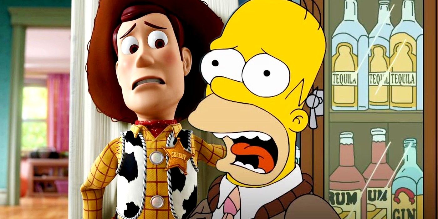 A terrified Woody in Toy Story and a concerned Homer in The Simpsons