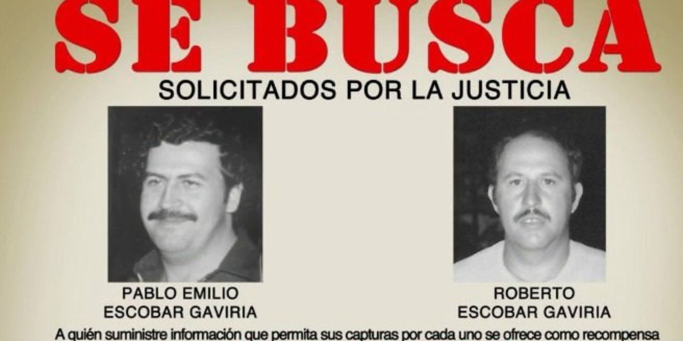 A Wanted poster featuring faces of both Pablo and Roberto Escobar