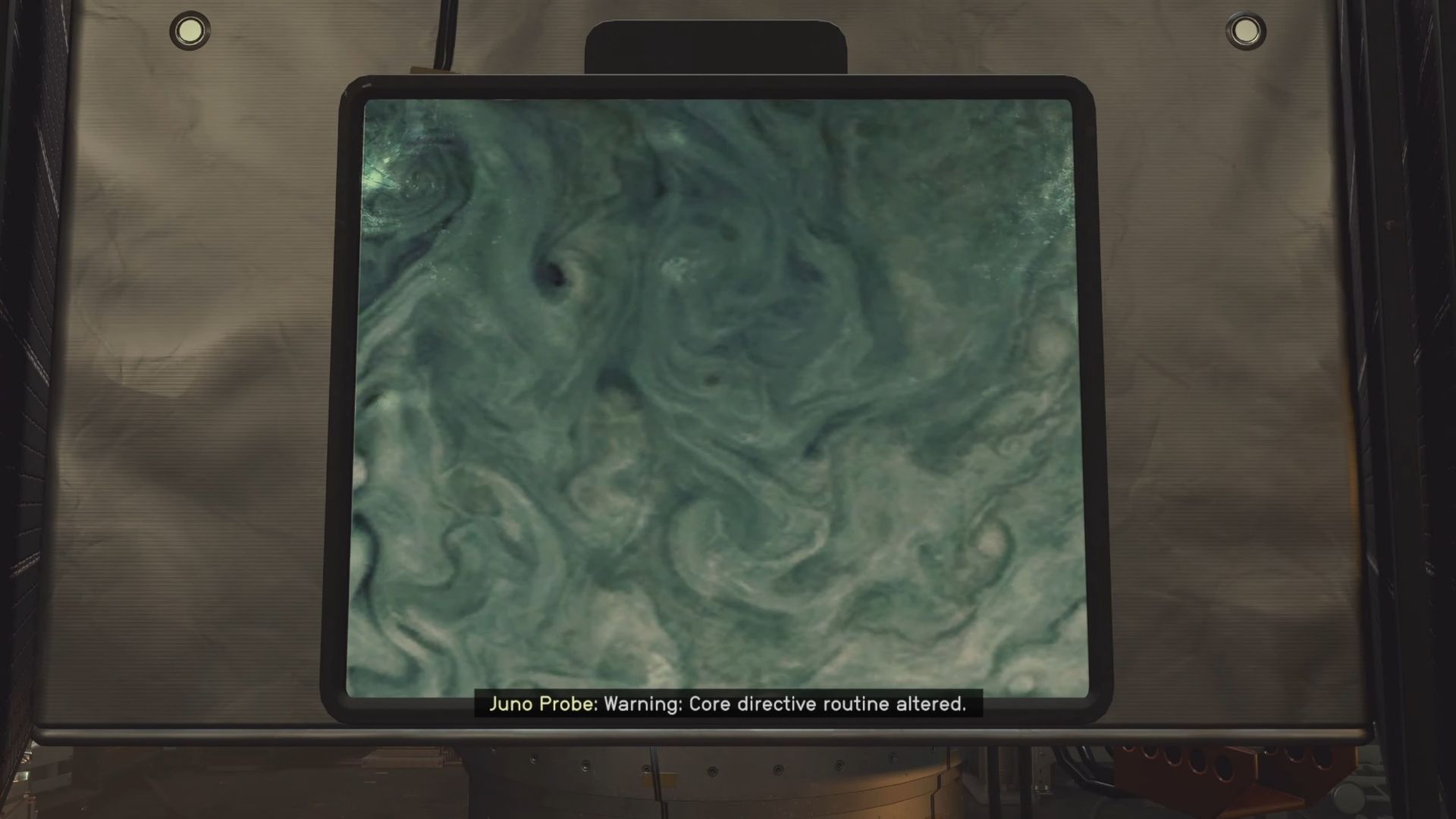 Dialogue with Juno, an AI represented by a digital screen, in Starfield.