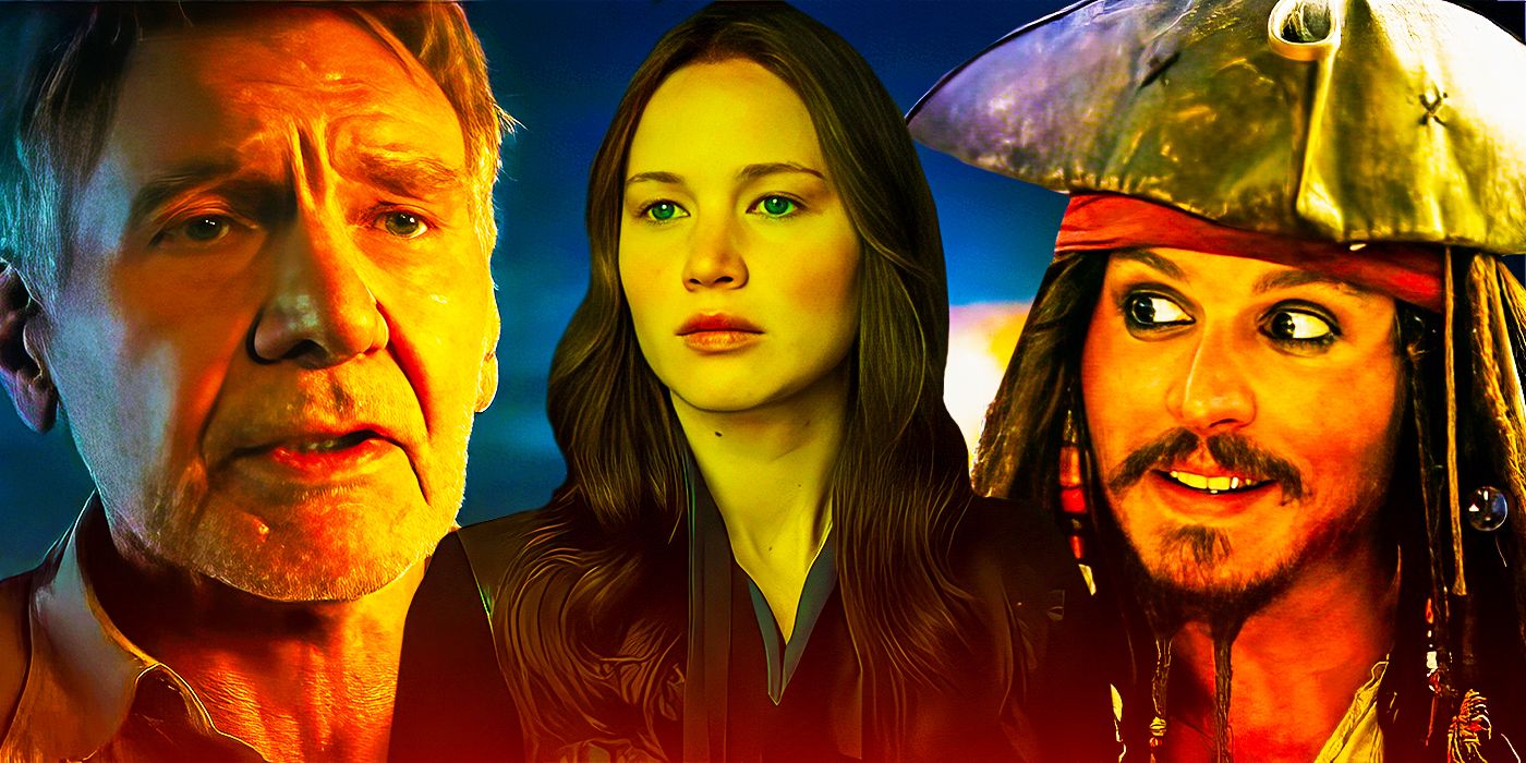 Collage of (l to R) Harrison Ford, Jennifer Lawrence, and Johnny Depp (as Jack Sparrow).