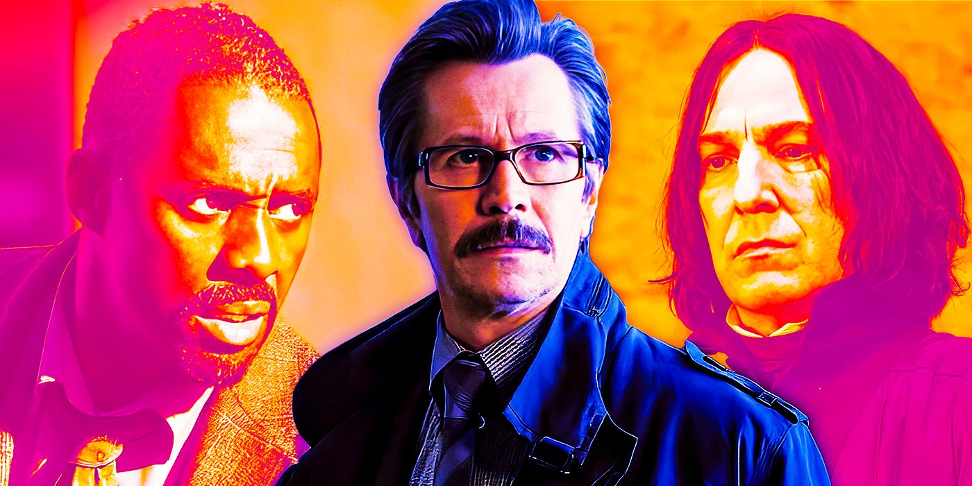 Collage of actors who play heroes and villains: Idris Elba, Gary Oldman in the Dark Knight Trilogy, and Alan Rickman as Harry Potter&rsquo;s Severus Snape