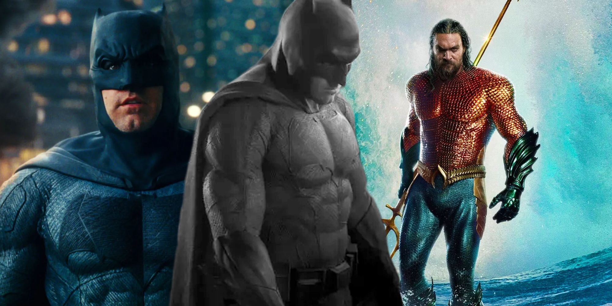 Affleck's Batman in a black and white image between Aquaman and DCEU Batman