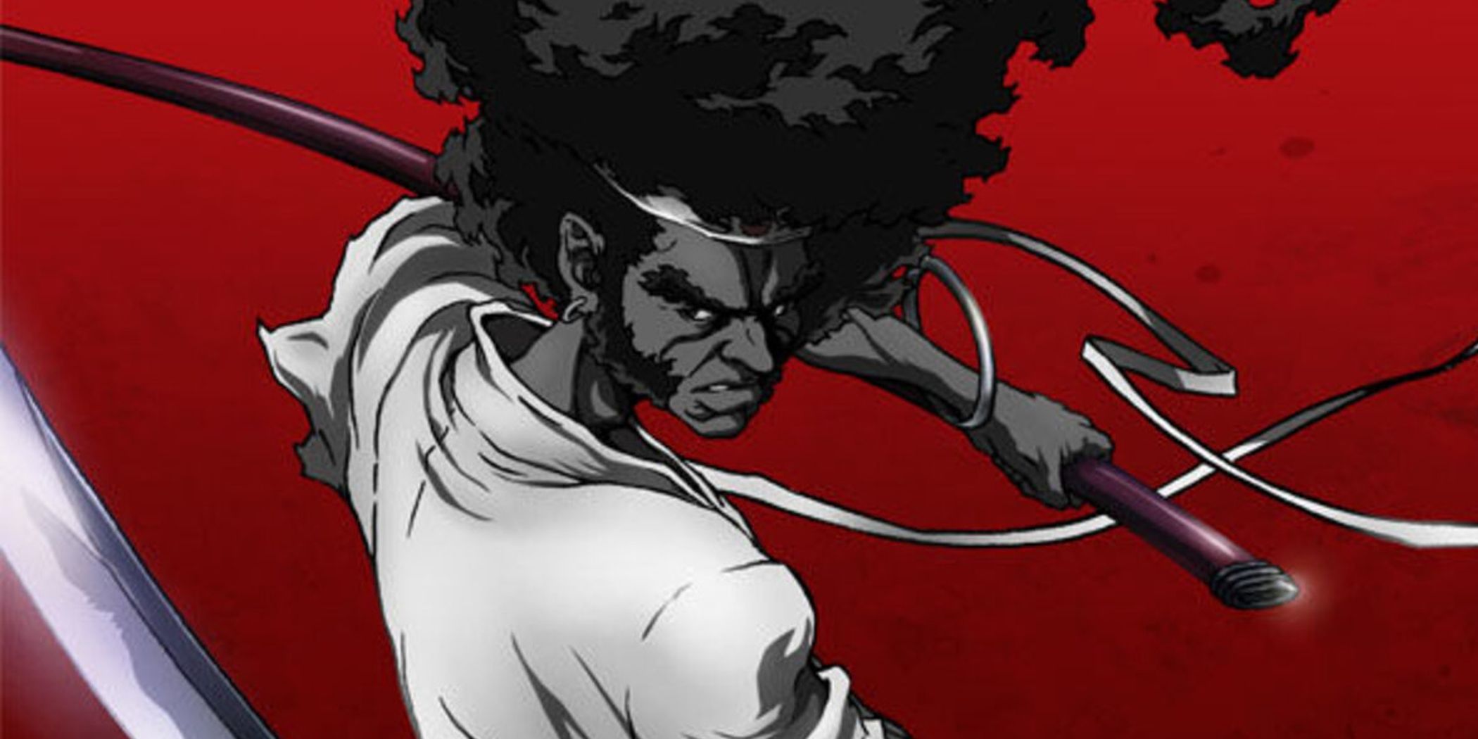 Afro Samurai empunhando suas espadas contra um fundo vermelho escuro.