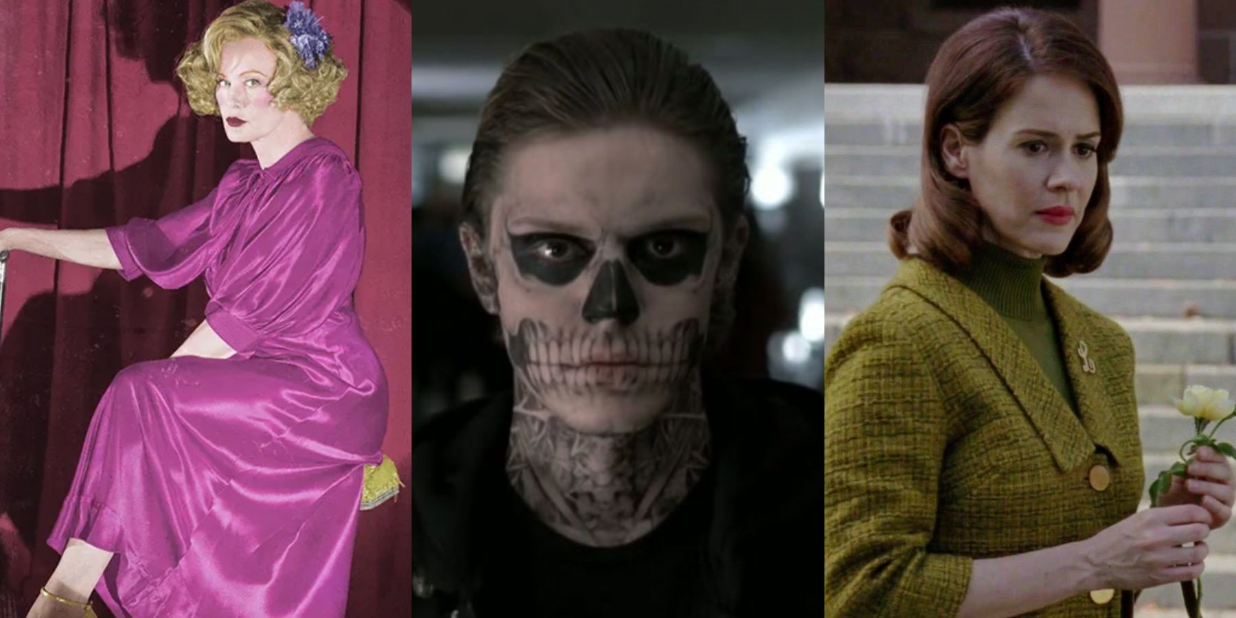 A side by side images of American Horror Story characters including Elsa in Freak Show, Tate in Murder House, and Lana in Asylum