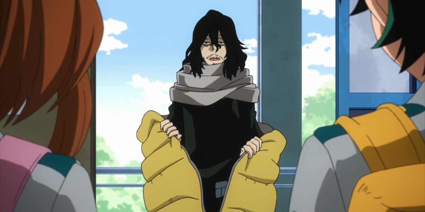 Aizawa-from-My-Hero-Academia-stepping-out-of-his-sleeping-bag