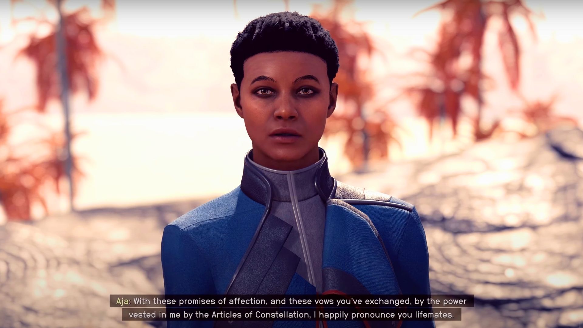 Aja in Starfield completing the marriage ceremony