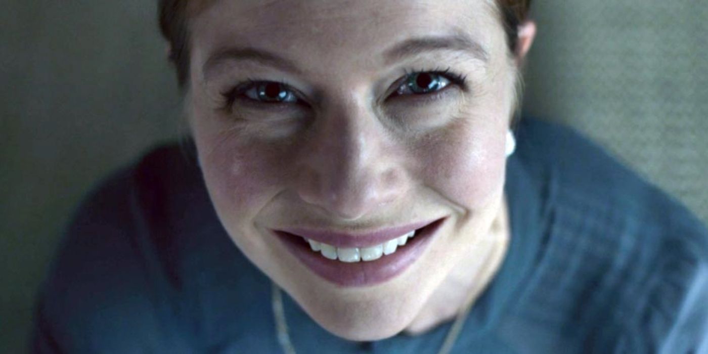 Alanis Wheeler crying and smiling in The Handmaid’s Tale.