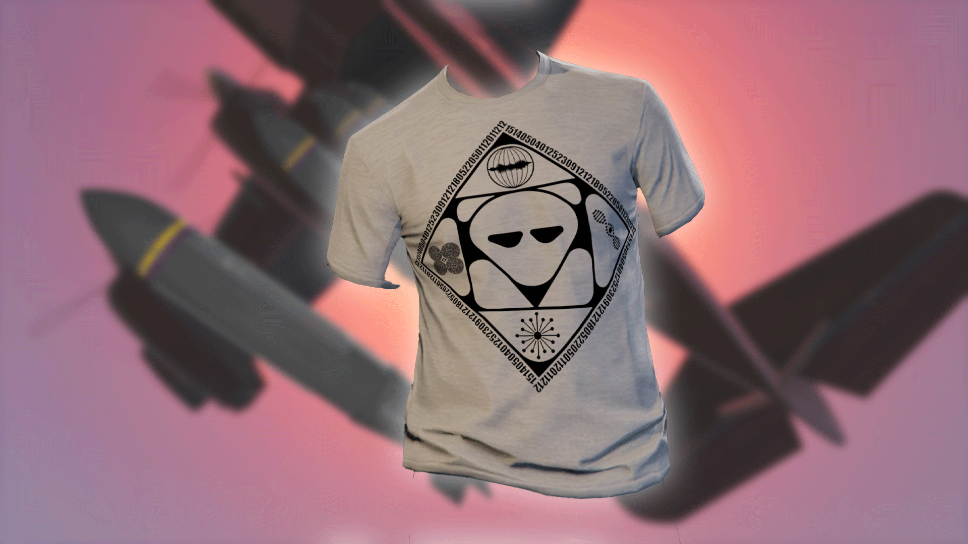 Alien T shirt with cryptic code in front of an airplane.