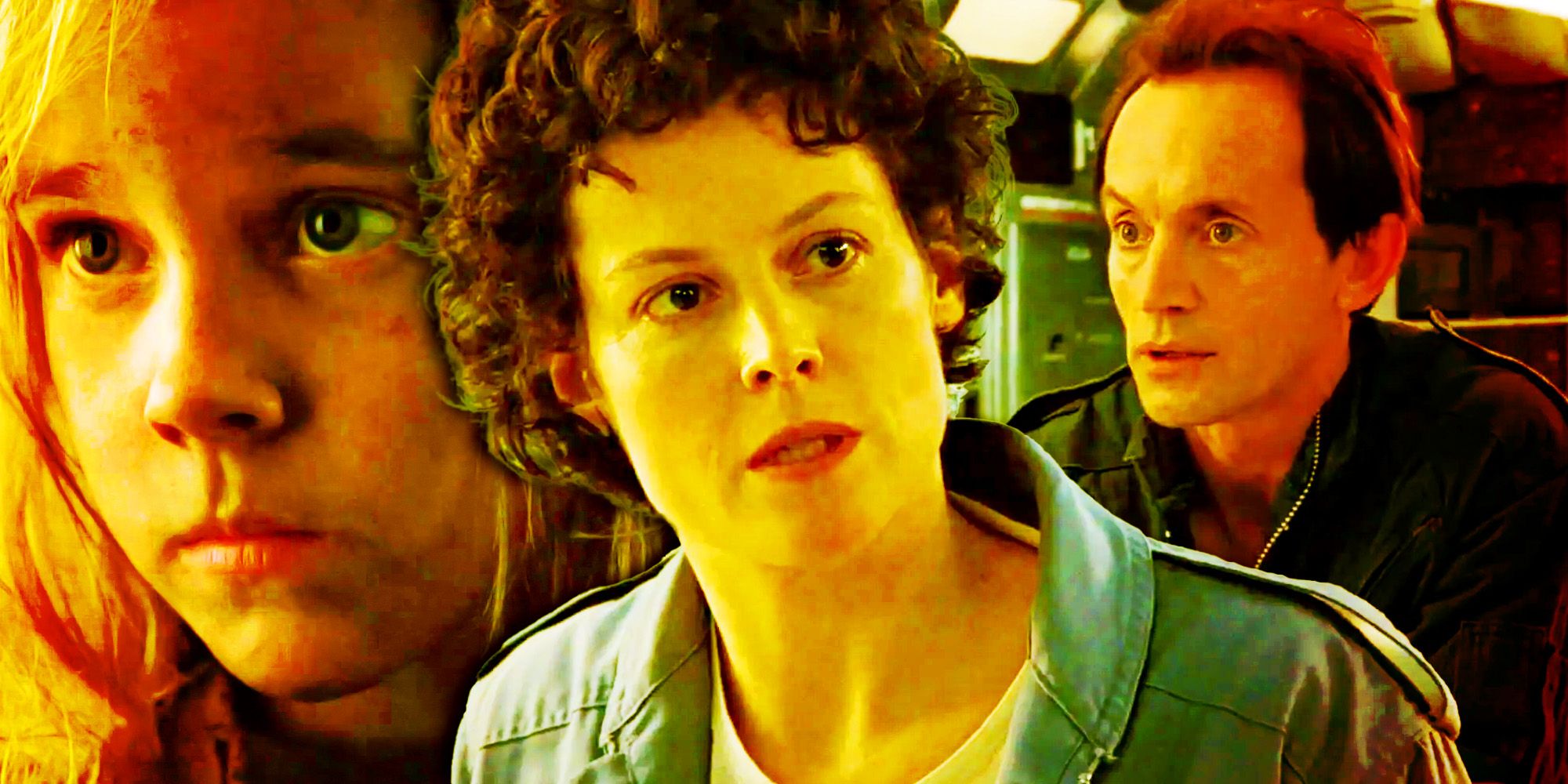 Aliens collage of Newt, Ripley, and Bishop.
