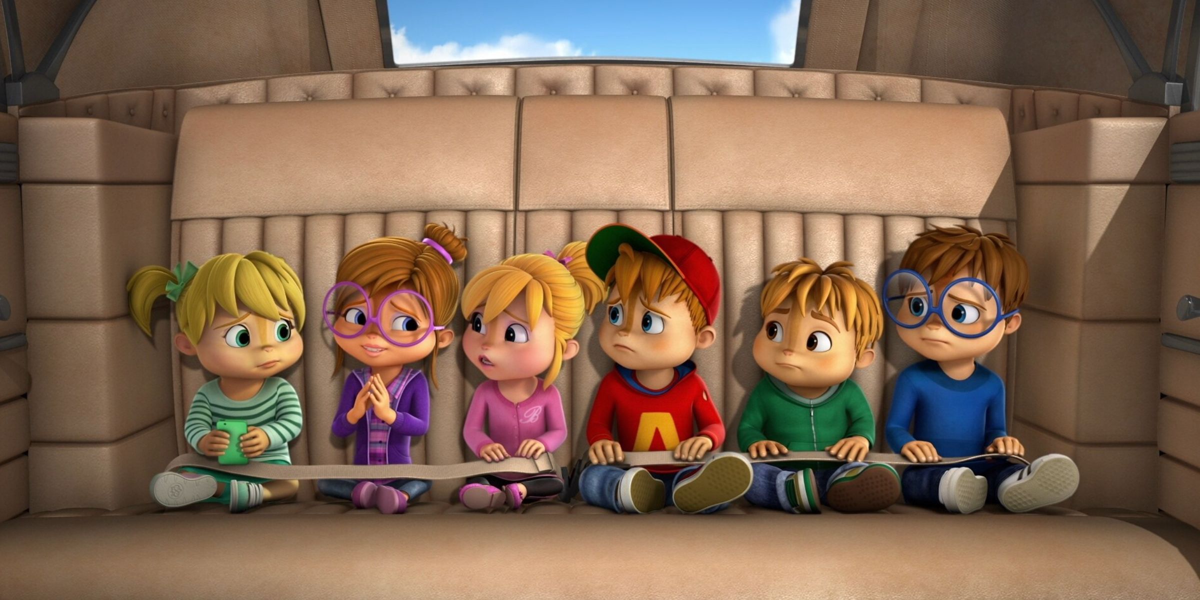 All of the Chippettes and Chipmunks buckled into one big seat in a car in Alvinnn and the Chipmunks
