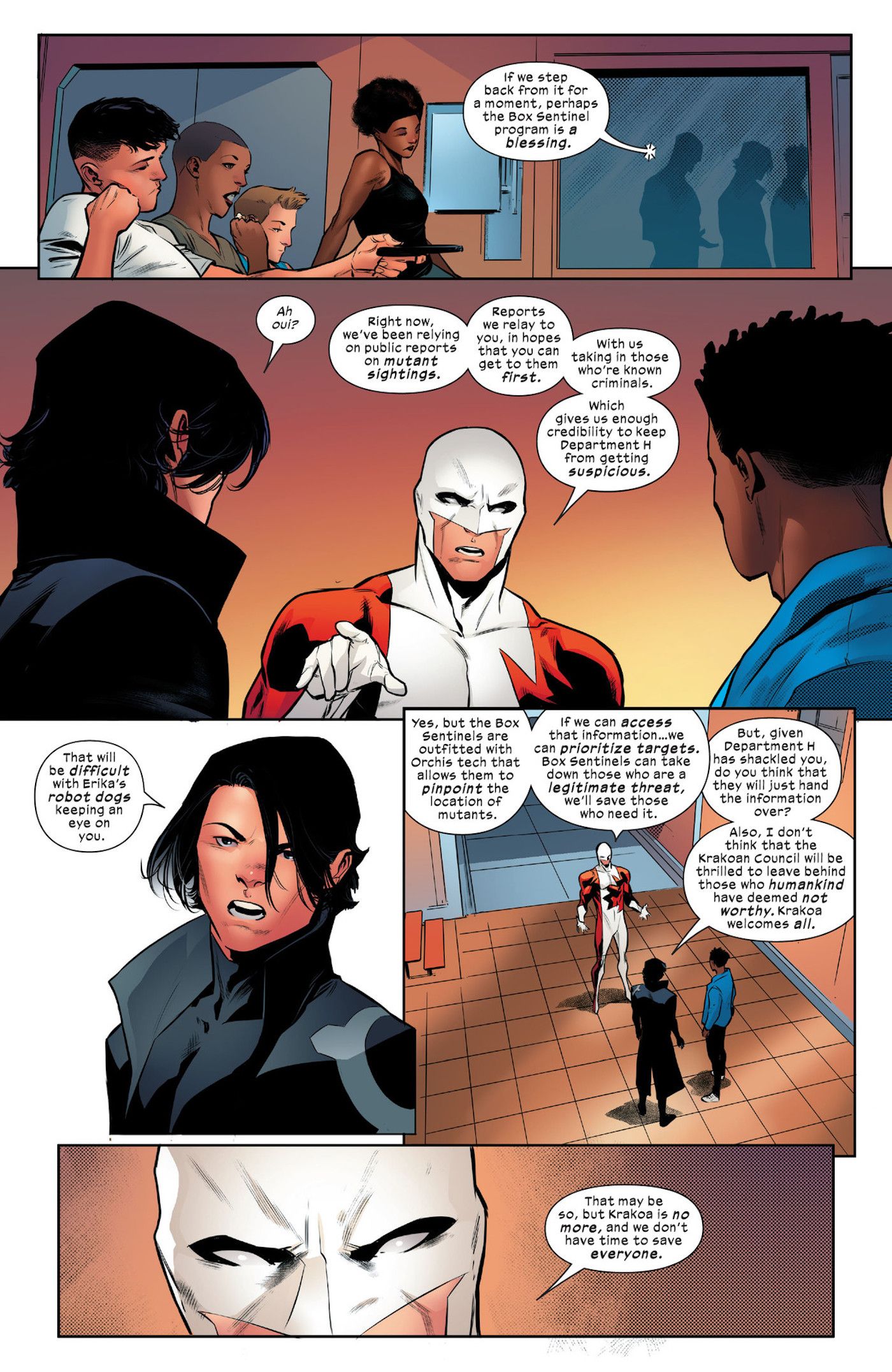 Five panels of Guardian and Northstar talking about using Box Sentinels to actually help mutants