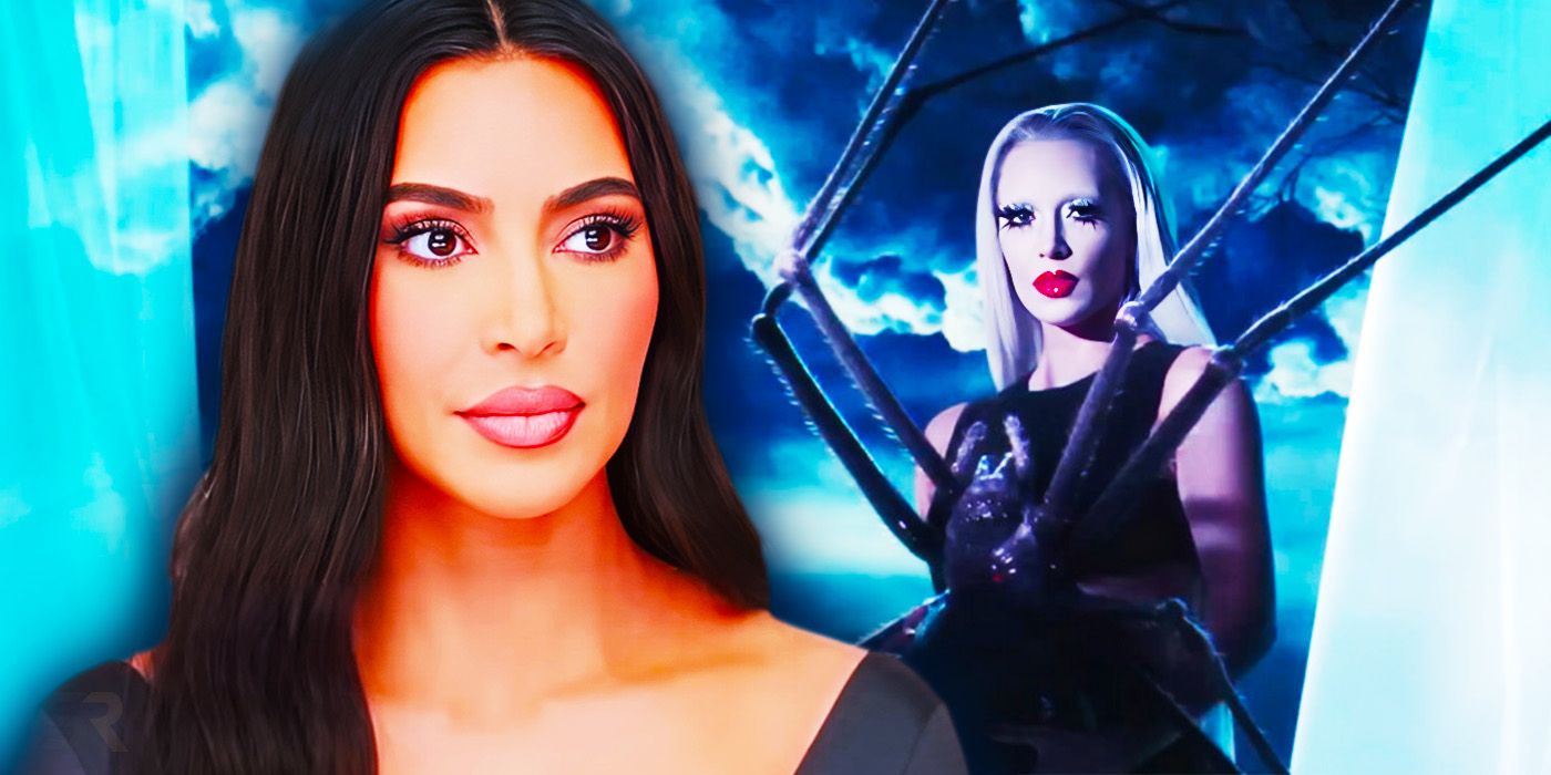 A composite image of Kim Kardashian looking on in front of a woman with a giant spider on her chest from American Horror Story 