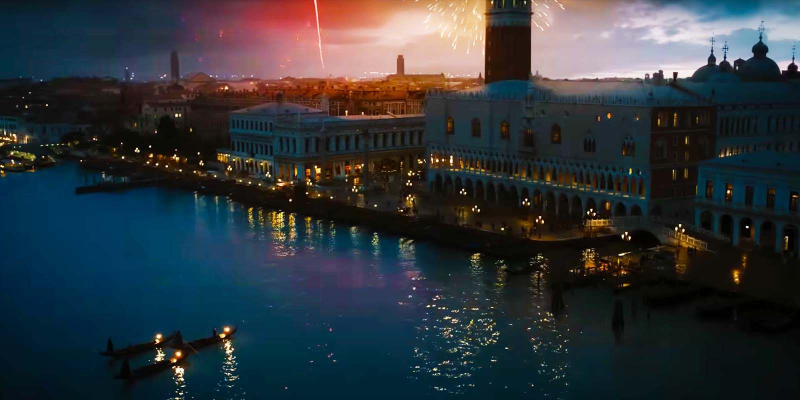 An evening shot of fireworks over Palazzo Ducale and Piazza San Marco in Venice in A Haunting in Venice