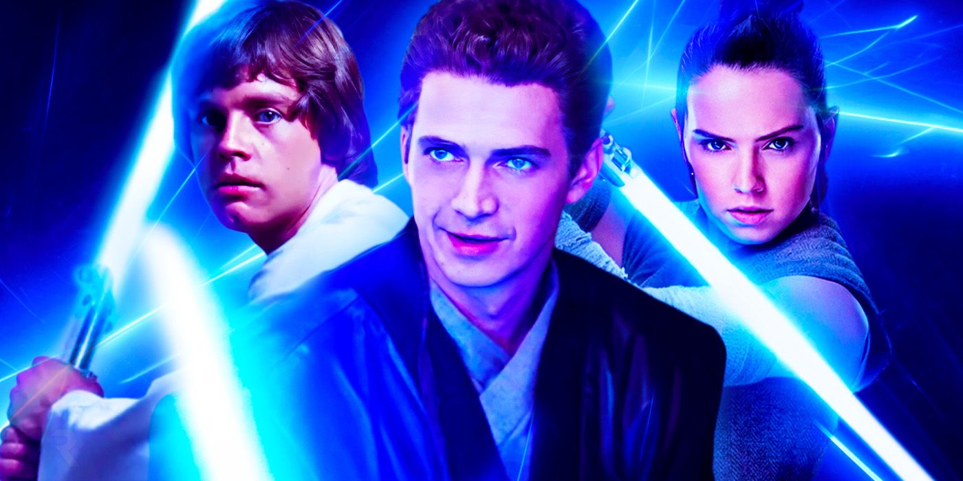 Anakin, Luke, and Rey with Skywalker Lightsaber