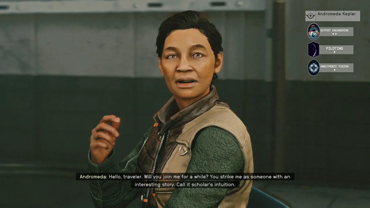 Andromeda sits at the Broken Spear bar with her Skills in the corner.