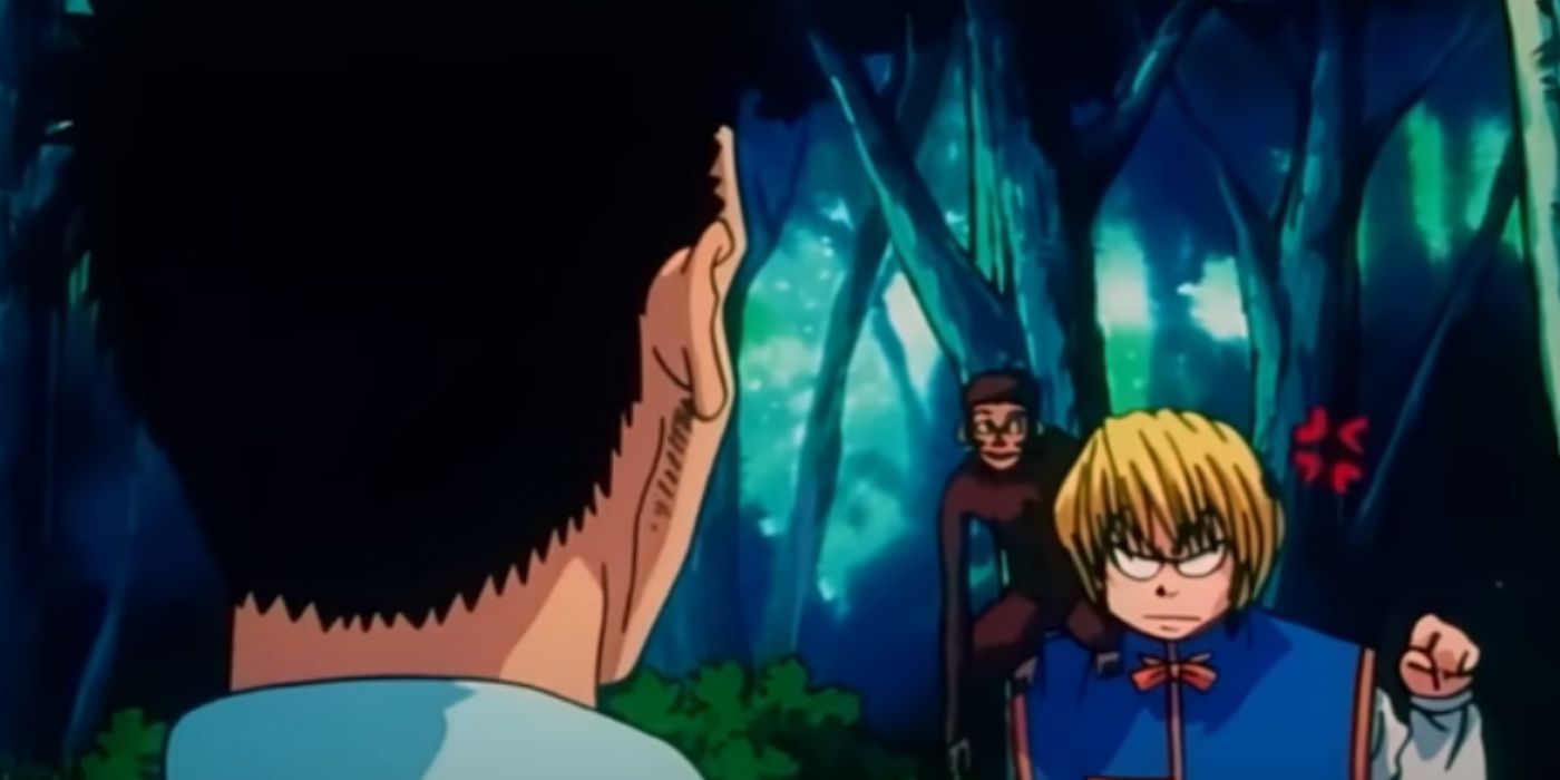 Angry-Kurapika-confronting-Leorio-with-Kamuri-on-his-shoulder-from-Hunter-x-Hunter-1999
