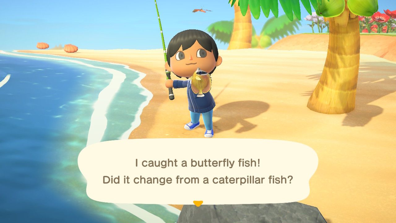 Animal Crossing New Horizons Player Catching Butterfly Fish On Beach In October 2023