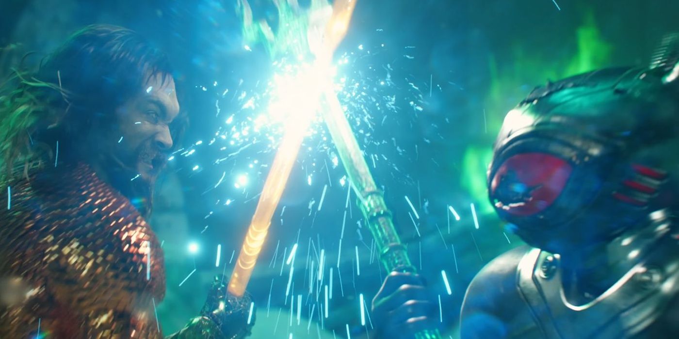 Aquaman and Black Manta fighting with their tridents in the Aquaman and the Lost Kingdom trailer.