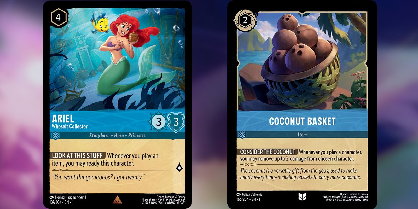 Ariel Whoseit Collector and Coconut Basket Lorcana cards side-by-side.