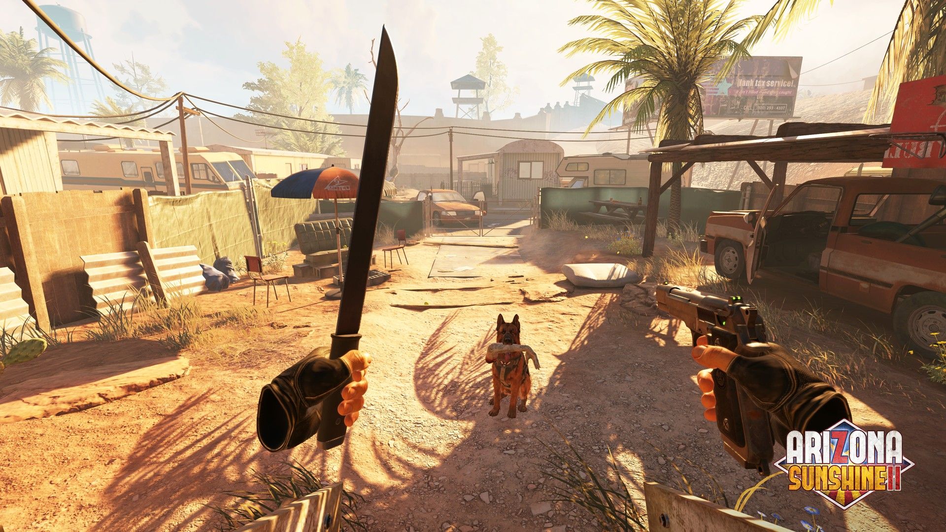 Arizona Sunshine 2 protagonist holding a machete and a gun and looking at Buddy.