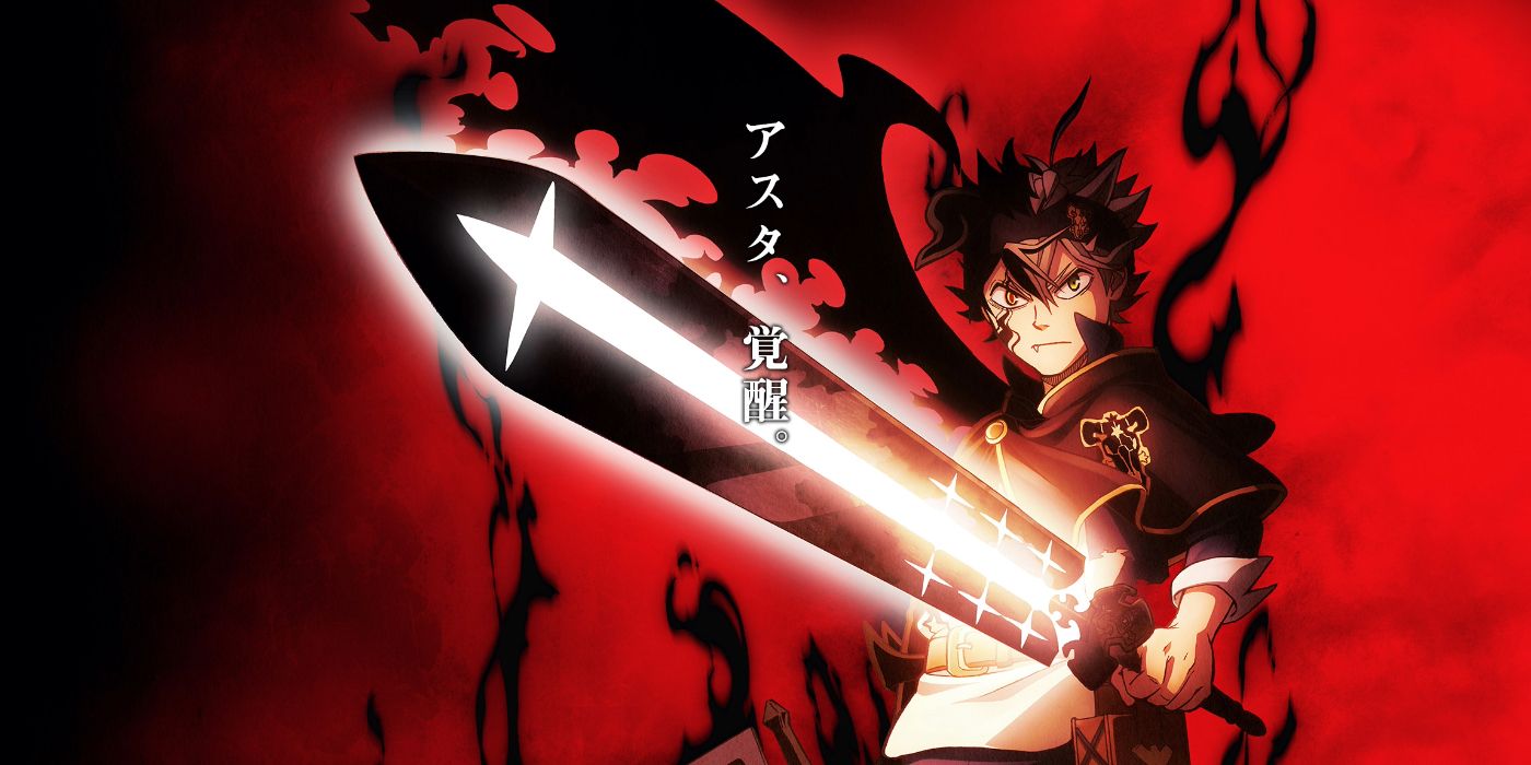 Half-Devil Asta from Black Clover wielding weapon in front of red background