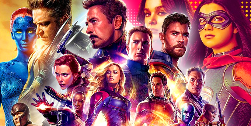 a split image of over a dozen Marvel movie characters, including Fox's X-Men, the Avengers, and potential Young Avengers