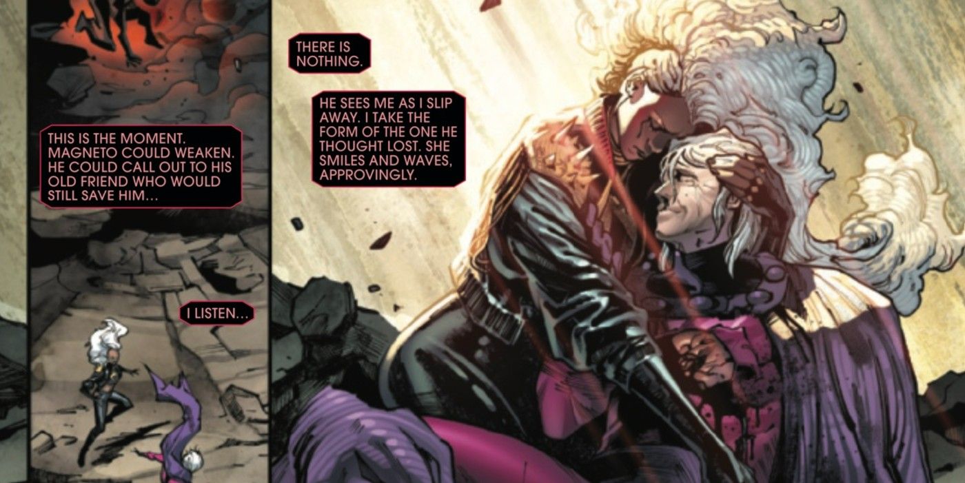 Magneto dying in AXE #4 being held by Storm.