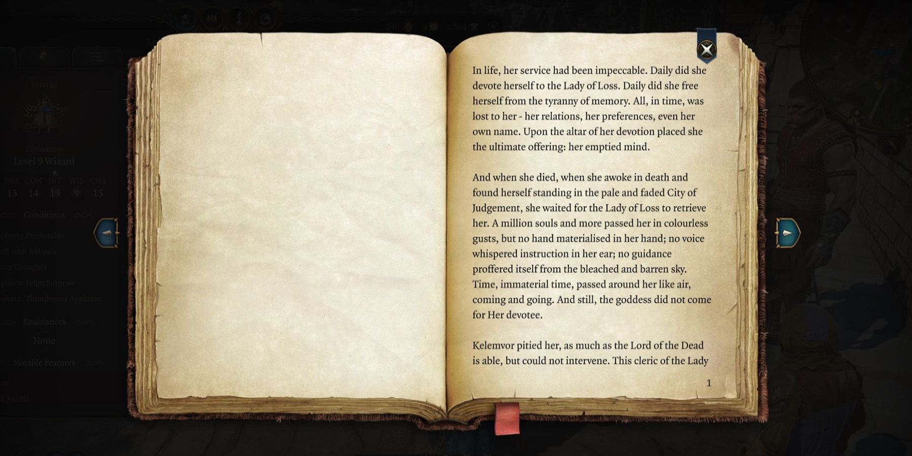 An open book in Baldur’s Gate 3 discussing devotion to the goddess Shar.